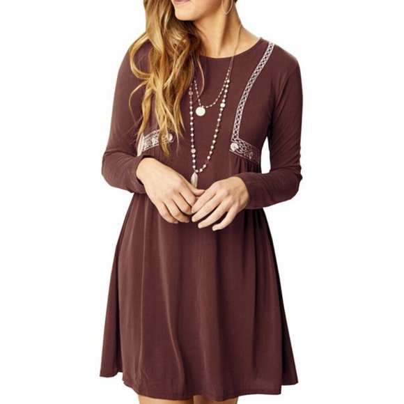 Altar'd State Long Sleeve Maroon Dress with Embroidered Design - Picture 4 of 12
